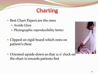 Best Chart Papers are the ones
 Avoids Glare
 Photographic reproducibility better
 Clipped on rigid board which rests on
patient’s chest
 Oriented upside down so that 12 o’ clock on
the chart is towards patients feet
60
 