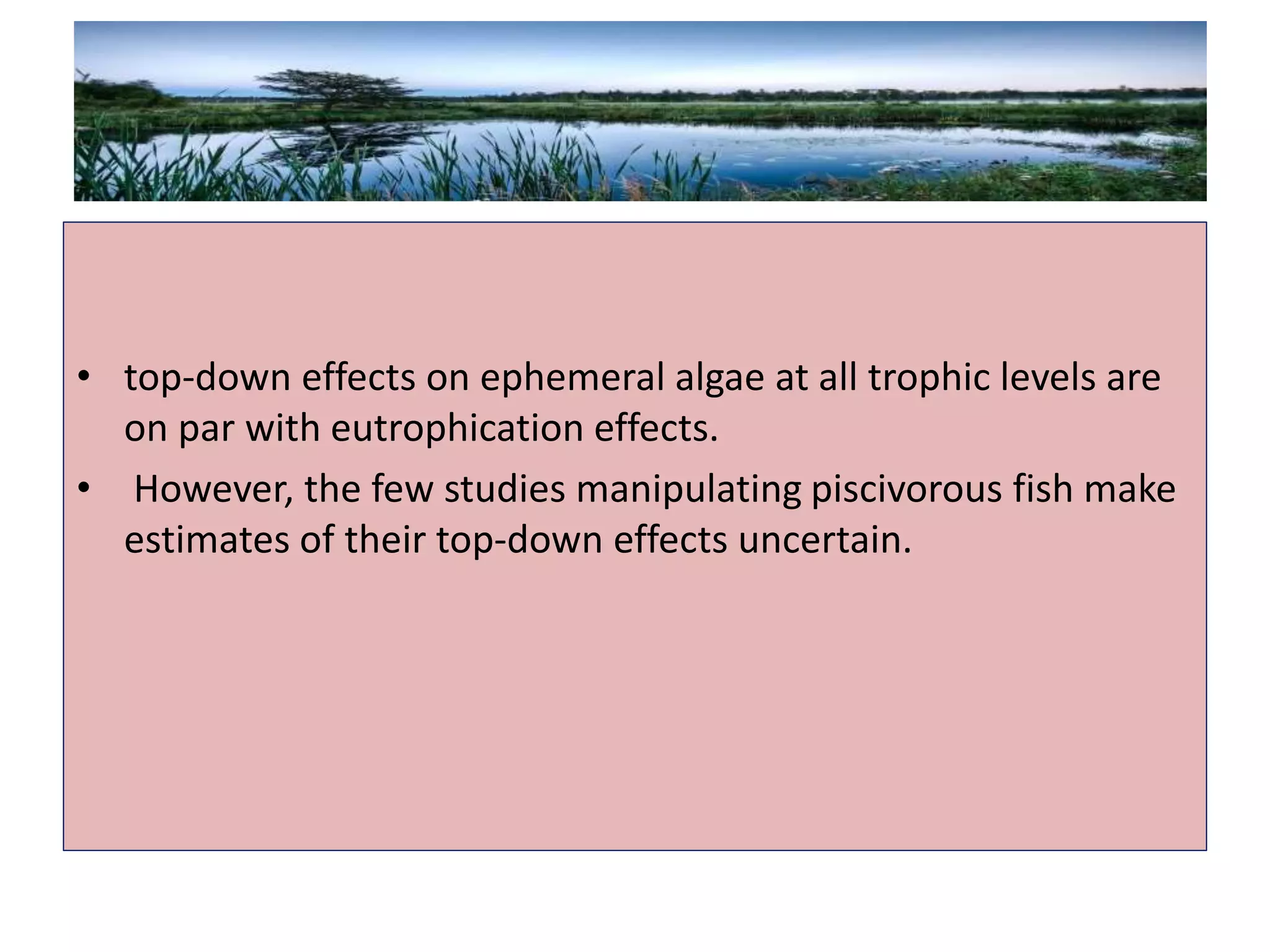 • top-down effects on ephemeral algae at all trophic levels are
on par with eutrophication effects.
• However, the few studies manipulating piscivorous fish make
estimates of their top-down effects uncertain.
 