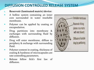 DIFFUSION CONTROLLED RELEASE SYSTEM
1. Reservoir (laminated matrix) device:
 A hollow system containing an inner
core surrounded in water insoluble
membrane.
 Polymer can be applied by coating or
encapsulation.
 Drug partitions into membrane &
exchanges with surrounding fluid by
diffusion.
 Drug will enter membrane, diffuse to
periphery & exchange with surrounding
fluid.
 Polymer content in coating, thickness of
coating & hardness of microcapsules are
rate controlling parameters.
 Release follow fick’s first law of
diffusion.
 