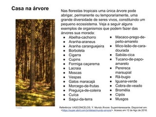 Pixabay
Nas florestas tropicais uma única árvore pode
abrigar, permanente ou temporariamente, uma
grande diversidade de seres vivos, constituindo um
pequeno ecossistema. Veja a seguir alguns
exemplos de organismos que podem fazer das
árvores sua morada:
● Abelha-cachorro
● Aranha-araneus
● Aranha caranguejeira
● Borboleta
● Cigarra
● Cupins
● Formiga caçarema
● Lacraia
● Moscas
● Vespas
● Gatos maracajá
● Morcego-de-frutas
● Preguiça-de-coleira
● Cuíca
● Sagui-da-terra
Casa na árvore
● Macaco-prego-de-
peito-amarelo
● Mico-leão-de-cara-
dourada
● Sabiás-cica
● Tucano-de-papo-
amarelo
● Perereca
marsupial
● Rã-bugio
● Iguana-verde
● Cobra-de-veado
● Bromélia
● Cipós
● Musgos
Referência: VASCONCELOS, Y. Mundo Árvore. Superinteressante. Disponível em:
<https://super.abril.com.br/ideias/mundo-arvore/>. Acesso em 12 de Ago de 2018.
 