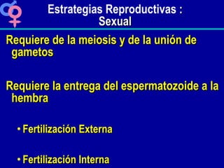 Estrategias Reproductivas  : Sexual <ul><li>Requiere de la meiosis y de la unión de gametos </li></ul><ul><li>Requiere la ...