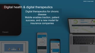 Title Text
Subtitle text
Digital therapeutics for chronic
disease
Mobile enables traction, patient
success, and a new model for
insurance companies
Digital health & digital therapeutics
IMAGE: Omada Health
 