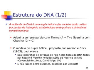 15
Estrutura do DNA (1/2)
 A molécula de DNA é uma dupla hélice cujas cadeias estão unidas
por pontes de hidrogênio estabelecidas entre purinas e pirimidinas
complementares
 Adenina sempre pareia com Timina (A = T) e Guanina com
Citosina (G = C)
 O modelo de dupla hélice , proposto por Watson e Crick
(1953), pautava-se

Nas fotografias de difração de raio X das fibras de DNA feitas
por Rosalind Franklin no laboratório de Maurice Wilkins
(Cavendish Institute, Cambridge, UK)

E nas razões entre as bases, descritas por Chargaf
 