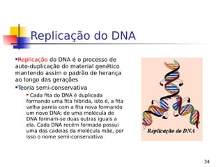 34
Replicação do DNA
Replicação do DNA é o processo de
auto-duplicação do material genético
mantendo assim o padrão de herança
ao longo das gerações
Teoria semi-conservativa
 Cada fita do DNA é duplicada
formando uma fita híbrida, isto é, a fita
velha pareia com a fita nova formando
um novo DNA; de uma molécula de
DNA formam-se duas outras iguais a
ela. Cada DNA recém formado possui
uma das cadeias da molécula mãe, por
isso o nome semi-conservativa
 