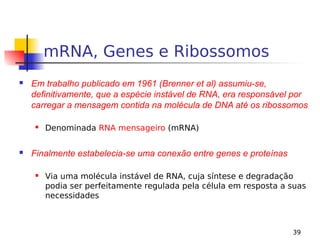 39
mRNA, Genes e Ribossomos
 Em trabalho publicado em 1961 (Brenner et al) assumiu-se,
definitivamente, que a espécie instável de RNA, era responsável por
carregar a mensagem contida na molécula de DNA até os ribossomos
 Denominada RNA mensageiro (mRNA)
 Finalmente estabelecia-se uma conexão entre genes e proteínas
 Via uma molécula instável de RNA, cuja síntese e degradação
podia ser perfeitamente regulada pela célula em resposta a suas
necessidades
 