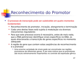 47
Reconhecimento do Promotor
 O processo de transcrição pode ser subdividido em quatro momentos
fundamentais
 Reconhecimento do promotor, iniciação, alongamento e terminação
 Cada uma destas fases está sujeita à modulação via diversos
mecanismos reguladores
 Para que este processo ocorra é necessário, antes de mais nada,
que a RNA polimerase identifique sinais específicos no DNA, os
quais direcionarão a transcrição de genes específicos no momento
adequado
 A região do gene que contem estas seqüências de reconhecimento
é o promotor

Uma enorme variedade de sinais pode ser encontrada nas regiões
promotoras de diferentes genes. É por este motivo que os promotores
são locais extremamente importantes no controle da expressão gênica
 