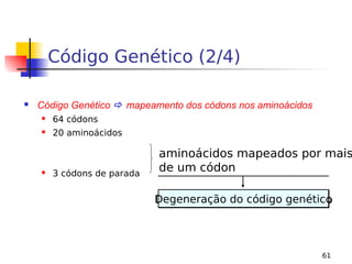 61
Código Genético (2/4)
 Código Genético  mapeamento dos códons nos aminoácidos
 64 códons
 20 aminoácidos
 3 códons de parada
aminoácidos mapeados por mais
de um códon
Degeneração do código genético
Degeneração do código genético
 