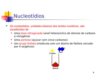 9
Nucleotídios
 Os nucleotídios, unidades básicas dos ácidos nucléicos, são
constituídos de
 Uma base nitrogenada (anel heterocíclico de átomos de carbono
e nitrogênio)
 Uma pentose (açúcar com cinco carbonos)
 Um grupo fosfato (molécula com um átomo de fósforo cercado
por 4 oxigênios)
 