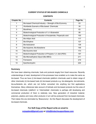 2
CURRENT STATUS OF BIO-BASED CHEMICALS
CONTENTS
Chapter No. Contents Page No.
1 Bio-based Chemical Industry – Strength of...