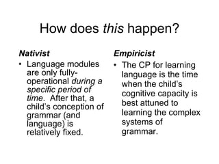 How does  this  happen? Nativist Language modules are only fully-operational  during a specific period of time .  After that, a child’s conception of grammar (and language) is relatively fixed. Empiricist The CP for learning language is the time when the child’s cognitive capacity is best attuned to learning the complex systems of grammar. 