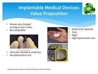 Implantable Medical Devices:
Value Proposition
• Always stay charged
as long as user is alive
• Bio-compatible
• Ultra-thin, flexible & small size
• No replacement cost
• Need to be replaced.
• Toxic
• Rigid
• High replacement cost
http://www.lexrobotics.com/body-fluid-powered-bio-batteries/
 