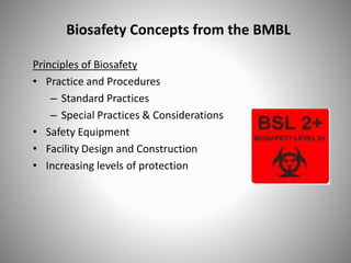 Biosafety Concepts from the BMBL
Principles of Biosafety
• Practice and Procedures
– Standard Practices
– Special Practices & Considerations
• Safety Equipment
• Facility Design and Construction
• Increasing levels of protection
 