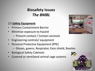 Biosafety Issues
The BMBL
(2) Safety Equipment
• Primary Containment Barrier
• Minimize exposure to hazard
– Prevent contact / Contain aerosols
• Engineering controls/ equipment
• Personal Protective Equipment (PPE)
– Gloves, gowns, Respirator, Face shield, Booties
• Biological Safety Cabinets
• Covered or ventilated animal cage systems
 