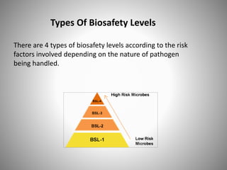Types Of Biosafety Levels
There are 4 types of biosafety levels according to the risk
factors involved depending on the nature of pathogen
being handled.
 