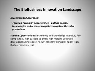The BioBusiness Innovation Landscape
Recommended Approach:
Focus on “Summit” opportunities – putting people,
technologies and resources together to capture the value
proposition
Summit Opportunities: Technology and knowledge intensive, few
competitors, high barriers to entry; high margins with well-
developed business case, “new” economy principles apply. High
BioEnterprise interest
 