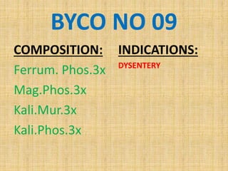 BYCO NO 09
COMPOSITION:
Ferrum. Phos.3x
Mag.Phos.3x
Kali.Mur.3x
Kali.Phos.3x
INDICATIONS:
DYSENTERY
 