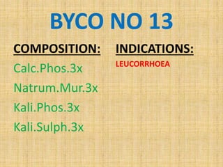BYCO NO 13
COMPOSITION:
Calc.Phos.3x
Natrum.Mur.3x
Kali.Phos.3x
Kali.Sulph.3x
INDICATIONS:
LEUCORRHOEA
 