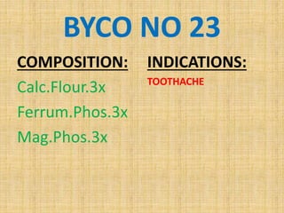 BYCO NO 23
COMPOSITION:
Calc.Flour.3x
Ferrum.Phos.3x
Mag.Phos.3x
INDICATIONS:
TOOTHACHE
 