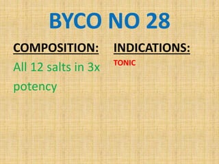 BYCO NO 28
COMPOSITION:
All 12 salts in 3x
potency
INDICATIONS:
TONIC
 
