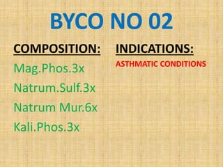 BYCO NO 02
COMPOSITION:
Mag.Phos.3x
Natrum.Sulf.3x
Natrum Mur.6x
Kali.Phos.3x
INDICATIONS:
ASTHMATIC CONDITIONS
 