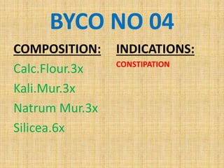 BYCO NO 04
COMPOSITION:
Calc.Flour.3x
Kali.Mur.3x
Natrum Mur.3x
Silicea.6x
INDICATIONS:
CONSTIPATION
 
