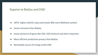 Superior to BioGas and CNG!
● 167% higher calorific value and nearly 30% more Methane content
● Lesser emissions than BioGas
● Lesser presence of gases like CO2, H2S,moisture and other Impurities
● More efficient production process than BioGas
● Renewable source of energy unlike CNG
 