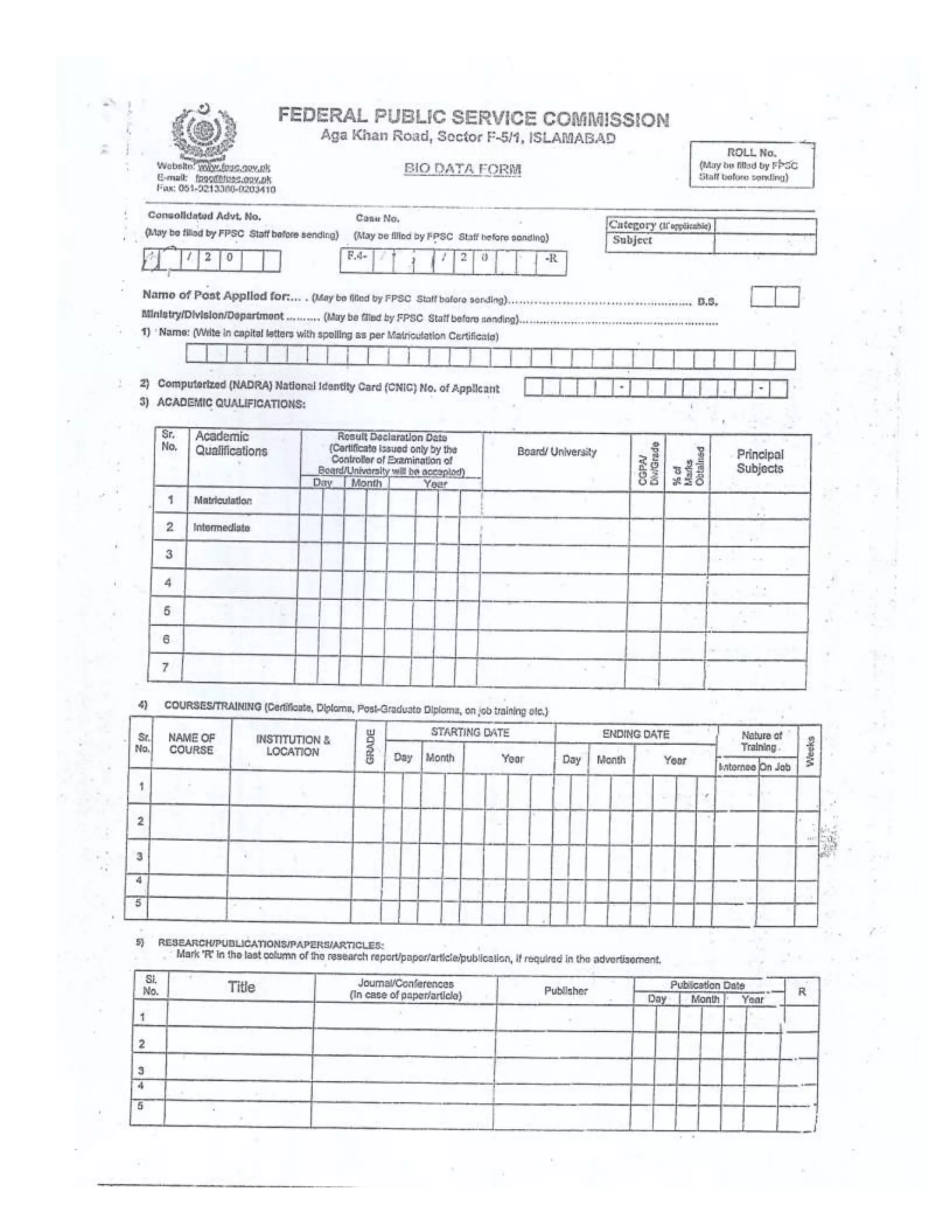 FPSC Bio data form fpsc