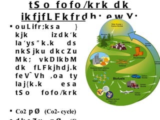tSo fofo/krk dk ikfjfLFkfrdh; ewY; ouLifr;ksa }kjk izdk'k la'ys&quot;k.k ds nkSjku dkcZu Mk; vkDlkbM dk fLFkjhdj.k feV~Vh ,oa ty laj{k.k esa tSo fofo/krk   Co2  pØ  (Co2- cycle) dkcZu pØ  (C- cycle) ok;qeaMy dh xSlksa dk larqyu 