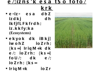 e/;izns'k esa tSo fofo/krk e-iz- esa dbZ izdkj dh ikfjfLFkfrdh; iz.kkfy;ka  (Ecosystems) ekyok dk iBkj] iwohZ ioZrh; {ks=] lriqM+k dk e/; ioZrh; {ks=] foU/; dk e/; ioZrh; {ks= lriqM+k ioZr Jsf.k;ksa ds ?kus taxyksa esa & 283 fdLe ds ikS/kksa dh iztkfr;ka — f&quot;k tSo fofof/krk & [kk|kuksa] nkyksa] frygu esa --- 