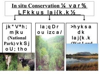 In situ Conservation  ¼var% LFkkus laj{k.k½  jk&quot;Vªh; m|ku  (National Park)  vkSj oU; tho vH;kj.k  (Sanctuaries) la;qDr ou izca/ku  >hyksa dk laj{k.k  (Wet Land Conservation ) 