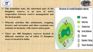  The transition zone, the outermost part of the
biosphere reserve, is an area of active
cooperation between reserve management and
the local people,
 Wherein activities like settlements, cropping,
forestry and recreation and other economic uses
continue in harmony with conservation goals.
 There are 408 biosphere reserves located in
different countries out of which 13 biosphere
reserves located in India.
2/4/2024 19
 