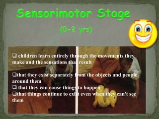  children learn entirely through the movements they
make and the sensations that result

that they exist separately from the objects and people
around them
 that they can cause things to happen
that things continue to exist even when they can't see
them
 
