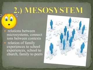  relations between
  microsystems, connect
  ions between contexts
 relation of family
  experiences to school
  experiences, school to
  church, family to peers
 