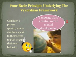 Four Basic Principle Underlying The
           Vykotskian Framework
                    Language plays
Consider a
private
                    a central role in
                        mental
                                        1
speech, where        development
children speak
to themselves
to plan or guide
their own
behavior.
 