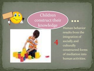 Children
construct their
  knowledge
                       …
                  Human behavior
                  results from the
                  integration of
           4      socially and
                  culturally
                  constructed forms
                  of mediation into
                  human activities.
 