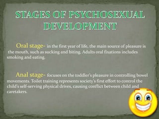 Oral stage- in the first year of life, the main source of pleasure is
 the mouth, such as sucking and biting. Adults oral fixations includes
smoking and eating.



    Anal stage- focuses on the toddler’s pleasure in controlling bowel
movements. Toilet training represents society’s first effort to control the
child’s self-serving physical drives, causing conflict between child and
caretakers.
 