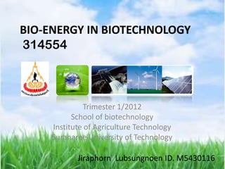 BIO-ENERGY IN BIOTECHNOLOGY
314554



              Trimester 1/2012
           School of biotechnology
     Institute of Agriculture Technology
     Suranaree University of Technology

            Jiraphorn Lubsungnoen ID. M5430116
 