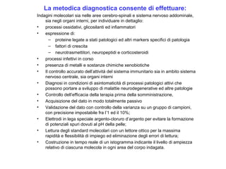 La metodica diagnostica consente di effettuare:
Indagini molecolari sia nelle aree cerebro-spinali e sistema nervoso addominale,
sia negli organi interni, per individuare in dettaglio:
•
processi ossidativi, glicosilanti ed infiammatori
•
espressione di:
– proteine legate a stati patologici ed altri markers specifici di patologia
– fattori di crescita
– neurotrasmettitori, neuropeptidi e corticosteroidi
•
processi infettivi in corso
•
presenza di metalli e sostanze chimiche xenobiotiche
•
Il controllo accurato dell’attività del sistema immunitario sia in ambito sistema
nervoso centrale, sia organi interni
•
Diagnosi in condizioni di asintomaticità di processi patologici attivi che
possono portare a sviluppo di malattie neurodegenerative ed altre patologie
•
Controllo dell’efficacia della terapia prima della somministrazione,
•
Acquisizione del dato in modo totalmente passivo
•
Validazione del dato con controllo della varianza su un gruppo di campioni,
con precisione impostabile fra l’1 ed il 10%;
•
Elettrodi in lega speciale argento-cloruro d’argento per evitare la formazione
di potenziali spuri dovuti al pH della pelle;
•
Lettura degli standard molecolari con un lettore ottico per la massima
rapidità e flessibilità di impiego ed eliminazione degli errori di lettura;
•
Costruzione in tempo reale di un istogramma indicante il livello di ampiezza
relativo di ciascuna molecola in ogni area del corpo indagata.

 