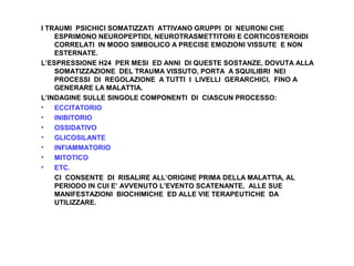 I TRAUMI PSICHICI SOMATIZZATI ATTIVANO GRUPPI DI NEURONI CHE
ESPRIMONO NEUROPEPTIDI, NEUROTRASMETTITORI E CORTICOSTEROIDI
CORRELATI IN MODO SIMBOLICO A PRECISE EMOZIONI VISSUTE E NON
ESTERNATE.
L’ESPRESSIONE H24 PER MESI ED ANNI DI QUESTE SOSTANZE, DOVUTA ALLA
SOMATIZZAZIONE DEL TRAUMA VISSUTO, PORTA A SQUILIBRI NEI
PROCESSI DI REGOLAZIONE A TUTTI I LIVELLI GERARCHICI, FINO A
GENERARE LA MALATTIA.
L’INDAGINE SULLE SINGOLE COMPONENTI DI CIASCUN PROCESSO:
•
ECCITATORIO
•
INIBITORIO
•
OSSIDATIVO
•
GLICOSILANTE
•
INFIAMMATORIO
•
MITOTICO
•
ETC.
CI CONSENTE DI RISALIRE ALL’ORIGINE PRIMA DELLA MALATTIA, AL
PERIODO IN CUI E’ AVVENUTO L’EVENTO SCATENANTE, ALLE SUE
MANIFESTAZIONI BIOCHIMICHE ED ALLE VIE TERAPEUTICHE DA
UTILIZZARE.

 