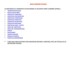 AREE CEREBRO-SPINALI
LA METODICA CI CONSENTE DI ESPLORARE LE SEGUENTI AREE CEREBRO-SPINALI:
•
•
•
•
•
•
•
•
•
•
•
•
•
•
•
•

TRONCO ENCEFALICO
NUCLEI DELLA BASE
CORTECCIA FRONTALE
CORTECCIA PREFRONTALE
CORTECCIA TEMPORALE
CORTECCIA PARIETALE
CORTECCIA OCCIPITALE
CORTECCIA MOTORIA
CORTECCIA SENS. TATTILE
AREA DEL SIMPATICO
AREA DEL PARASIMPATICO
IPOFISI
IPOTALAMO
CORPO CALLOSO
MIDOLLO SPINALE
CERVELLO ADDOMINALE

•

CIASCUNA AREA DISTINTA FRA EMISFERO DESTRO E SINISTRO, PER UN TOTALE DI 32
LOCAZIONI DIVERSE.

 