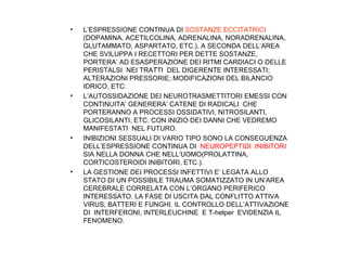 •

•

•

•

L’ESPRESSIONE CONTINUA DI SOSTANZE ECCITATRICI
(DOPAMINA, ACETILCOLINA, ADRENALINA, NORADRENALINA,
GLUTAMMATO, ASPARTATO, ETC.), A SECONDA DELL’AREA
CHE SVILUPPA I RECETTORI PER DETTE SOSTANZE,
PORTERA’ AD ESASPERAZIONE DEI RITMI CARDIACI O DELLE
PERISTALSI NEI TRATTI DEL DIGERENTE INTERESSATI;
ALTERAZIONI PRESSORIE; MODIFICAZIONI DEL BILANCIO
IDRICO, ETC.
L’AUTOSSIDAZIONE DEI NEUROTRASMETTITORI EMESSI CON
CONTINUITA’ GENERERA’ CATENE DI RADICALI CHE
PORTERANNO A PROCESSI OSSIDATIVI, NITROSILANTI,
GLICOSILANTI, ETC. CON INIZIO DEI DANNI CHE VEDREMO
MANIFESTATI NEL FUTURO.
INIBIZIONI SESSUALI DI VARIO TIPO SONO LA CONSEGUENZA
DELL’ESPRESSIONE CONTINUA DI NEUROPEPTIDI INIBITORI
SIA NELLA DONNA CHE NELL’UOMO(PROLATTINA,
CORTICOSTEROIDI INIBITORI, ETC.).
LA GESTIONE DEI PROCESSI INFETTIVI E’ LEGATA ALLO
STATO DI UN POSSIBILE TRAUMA SOMATIZZATO IN UN’AREA
CEREBRALE CORRELATA CON L’ORGANO PERIFERICO
INTERESSATO. LA FASE DI USCITA DAL CONFLITTO ATTIVA
VIRUS, BATTERI E FUNGHI. IL CONTROLLO DELL’ATTIVAZIONE
DI INTERFERONI, INTERLEUCHINE E T-helper EVIDENZIA IL
FENOMENO.

 
