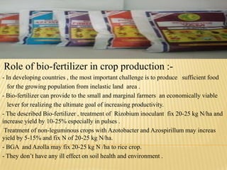 Role of bio-fertilizer in crop production :-
- In developing countries , the most important challenge is to produce sufficient food
for the growing population from inelastic land area .
- Bio-fertilizer can provide to the small and marginal farmers an economically viable
lever for realizing the ultimate goal of increasing productivity.
- The described Bio-fertilizer , treatment of Rizobium inoculant fix 20-25 kg N/ha and
increase yield by 10-25% especially in pulses .
-Treatment of non-leguminous crops with Azotobacter and Azospirillum may increas
yield by 5-15% and fix N of 20-25 kg N/ha.
- BGA and Azolla may fix 20-25 kg N /ha to rice crop.
- They don‟t have any ill effect on soil health and environment .
 