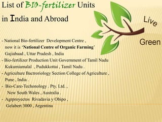 List of BIO-fertilizer Units
in India and Abroad
- National Bio-fertilizer Development Centre ,
now it is „National Centre of Organic Farming‟
Gajiabaad , Uttar Pradesh , India
- Bio-fertilizer Production Unit Government of Tamil Nadu
Kukumiamalal , Pudukkottai , Tamil Nadu .
- Agriculture Bactroriology Section College of Agriculture ,
Pune , India .
- Bio-Care-Techonology . Pty. Ltd. ,
New South Wales , Australia .
- Agrproyectos Rivadavia y Obipo ,
Gelabert 3000 , Argentina
 
