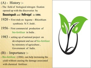 (A) - History :-
- The field of biological nitrogen fixation
opened up with the discoveries by
Boussingault and Hellreigel in 1886.
1920 - First study on legume – Rhizobium
symbiosis N.V. Joshi .
1956 - First commercial production of
bio-fertilizer in India .
1983 - setting up of national project on
development and use of bio-fertilizer
by ministery of agriculture ,
Government of India .
(B) – Importance :-
- Bio-fertilizer (1886) can help increasing the
yield without causing the damage associated
with chemical fertilizer.
 