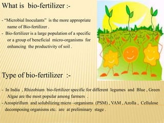What is bio-fertilizer :-
- “Microbial Inoculants” is the more appropriate
name of Bio-fertilizer .
- Bio-fertilizer is a large population of a specific
or a group of beneficial micro-organisms for
enhancing the productivity of soil .
Type of bio-fertilizer :-
- In India , Rhizobium bio-fertilizer specific for different legumes and Blue , Green
Algae are the most popular among farmers .
- Azospirillum and solubilizing micro –organisms (PSM) , VAM , Azolla , Cellulose
- decomposing organisms etc. are at preliminary stage .
 