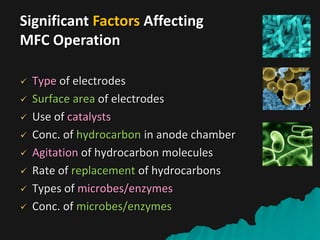 Significant Factors Affecting
MFC Operation
 Type of electrodes
 Surface area of electrodes
 Use of catalysts
 Conc. of hydrocarbon in anode chamber
 Agitation of hydrocarbon molecules
 Rate of replacement of hydrocarbons
 Types of microbes/enzymes
 Conc. of microbes/enzymes
 