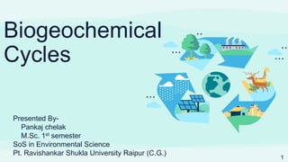 Biogeochemical
Cycles
Presented By-
Pankaj chelak
M.Sc. 1st semester
SoS in Environmental Science
Pt. Ravishankar Shukla University Raipur (C.G.)
1
 