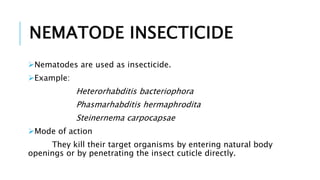 NEMATODE INSECTICIDE
Nematodes are used as insecticide.
Example:
Heterorhabditis bacteriophora
Phasmarhabditis hermaphrodita
Steinernema carpocapsae
Mode of action
They kill their target organisms by entering natural body
openings or by penetrating the insect cuticle directly.
 