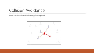Collision Avoidance
Rule 1: Avoid Collision with neighboring birds
 