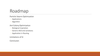 Roadmap
Particle Swarm Optimization
◦ Applications
◦ Algorithm
Ant Colony Optimization
◦ Biological Inspiration
◦ Generic ACO and variations
◦ Application in Routing
Limitations of SI
Conclusion
 